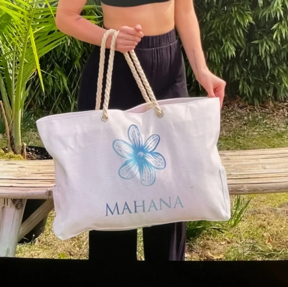 Mahana Canvas Beach Tote with Woven Rope Handles and Flower Motif - Picture 1 of 11